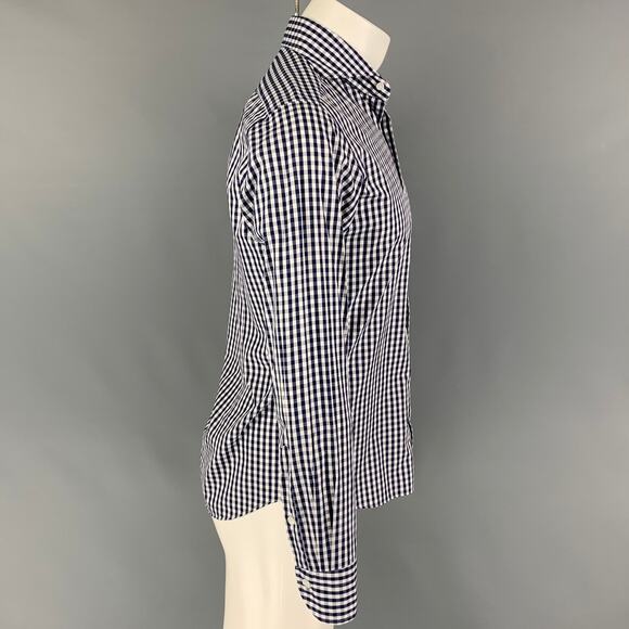 HITOYOSHI Size M Navy White Checkered Cotton Button Up Long Sleeve Shirt - Picture 2 of 5